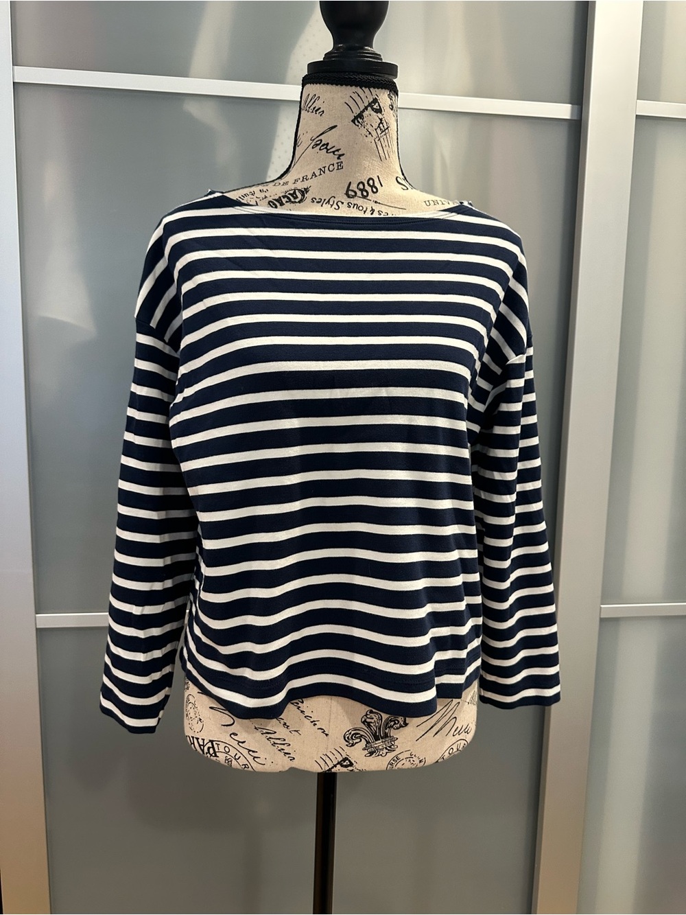 SPANX Navy and White Striped Long Sleeve Boatneck Top